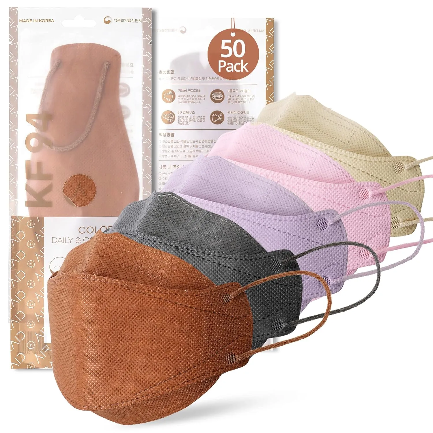 AIRAID-KF94 [Individually Wrapped] - Made in Korea, 3D Multicolor Packs, Face Protective Mask, Adult and Older Teens (Multicolor-50P)