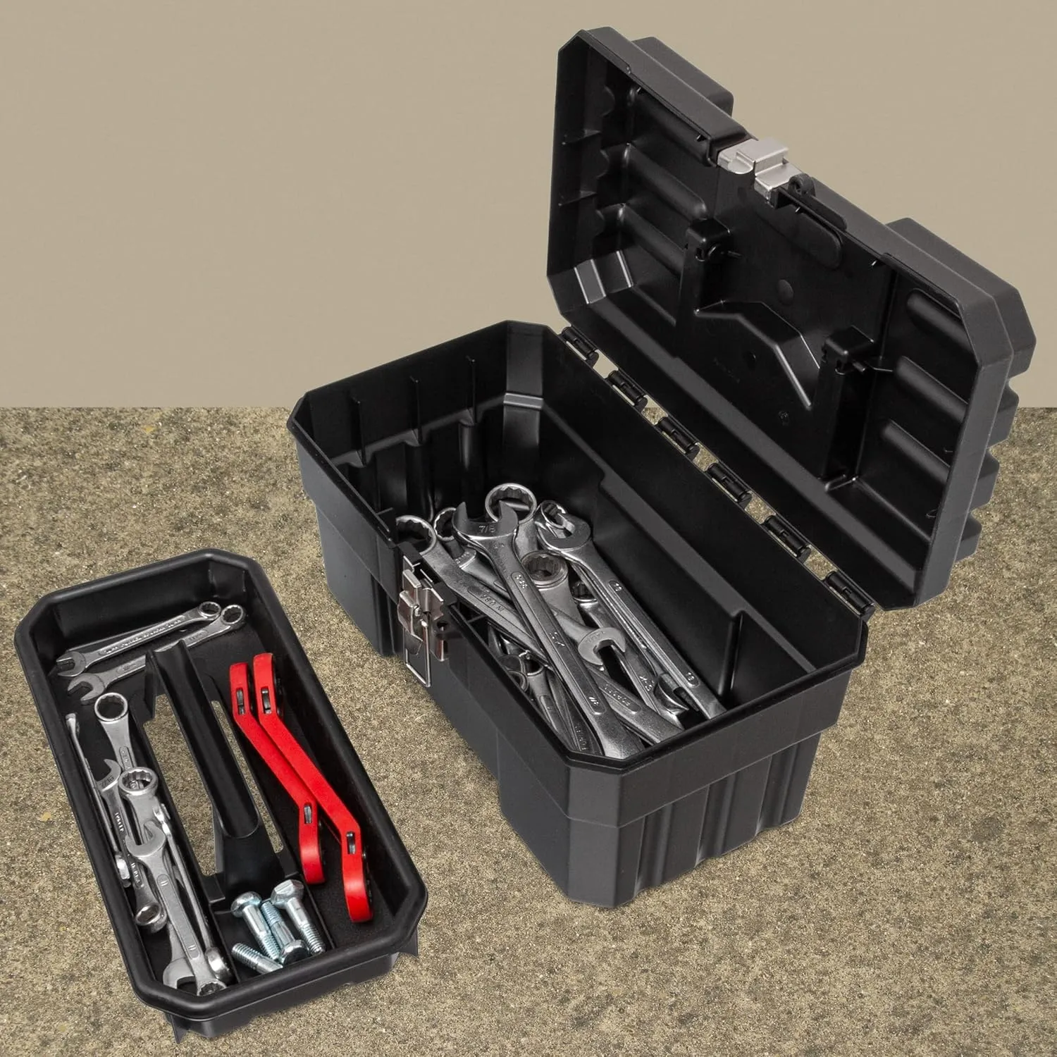 Akro-Mils 09514 ProBox 14-Inch Plastic Toolbox for Tools, Hobby or Craft Storage Toolbox with Removable Tray, 14-Inch x 8-Inch x 8-Inch, Black