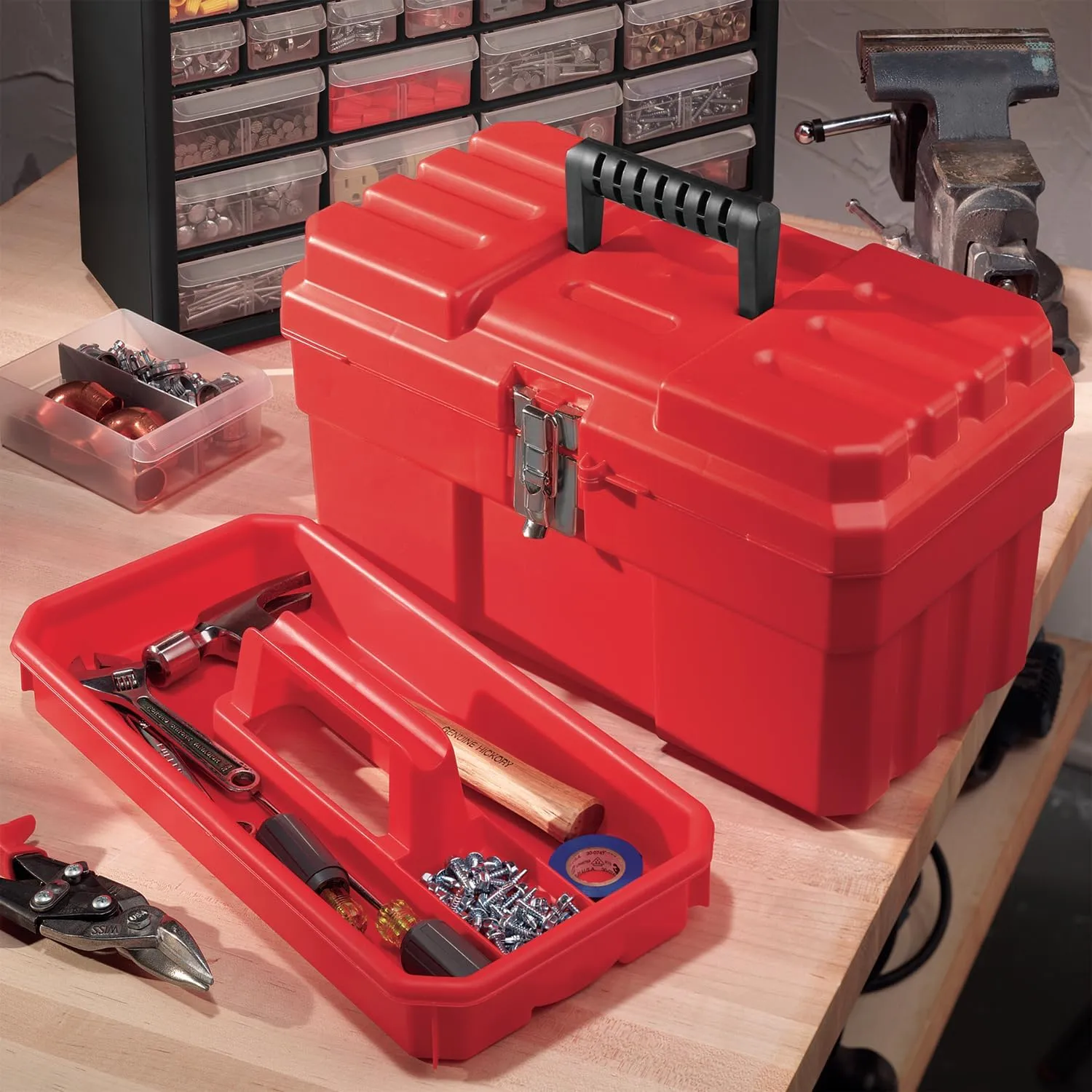 Akro-Mils 09514 ProBox Plastic Toolbox with Removable Tray for Tools, Hobby or Craft Storage, 14-Inch x 8-Inch x 8-Inch, Red