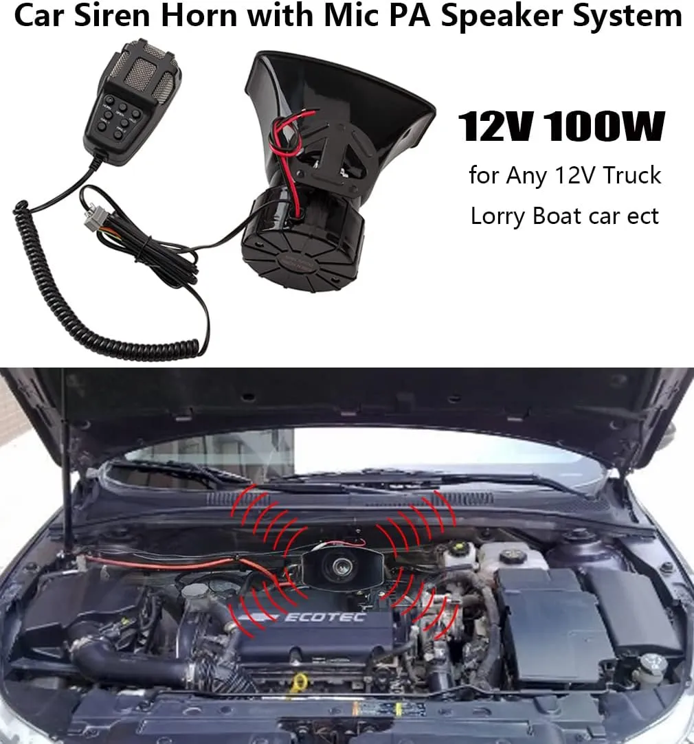 Alarm Horn Siren PA Speaker Mic System,BANHAO 100w 12v 7 Sound Loud Car Alarm Police Car Siren Speaker System Emergency Amplifier Alarm Kit Horn for 12V Truck Lorry Boat