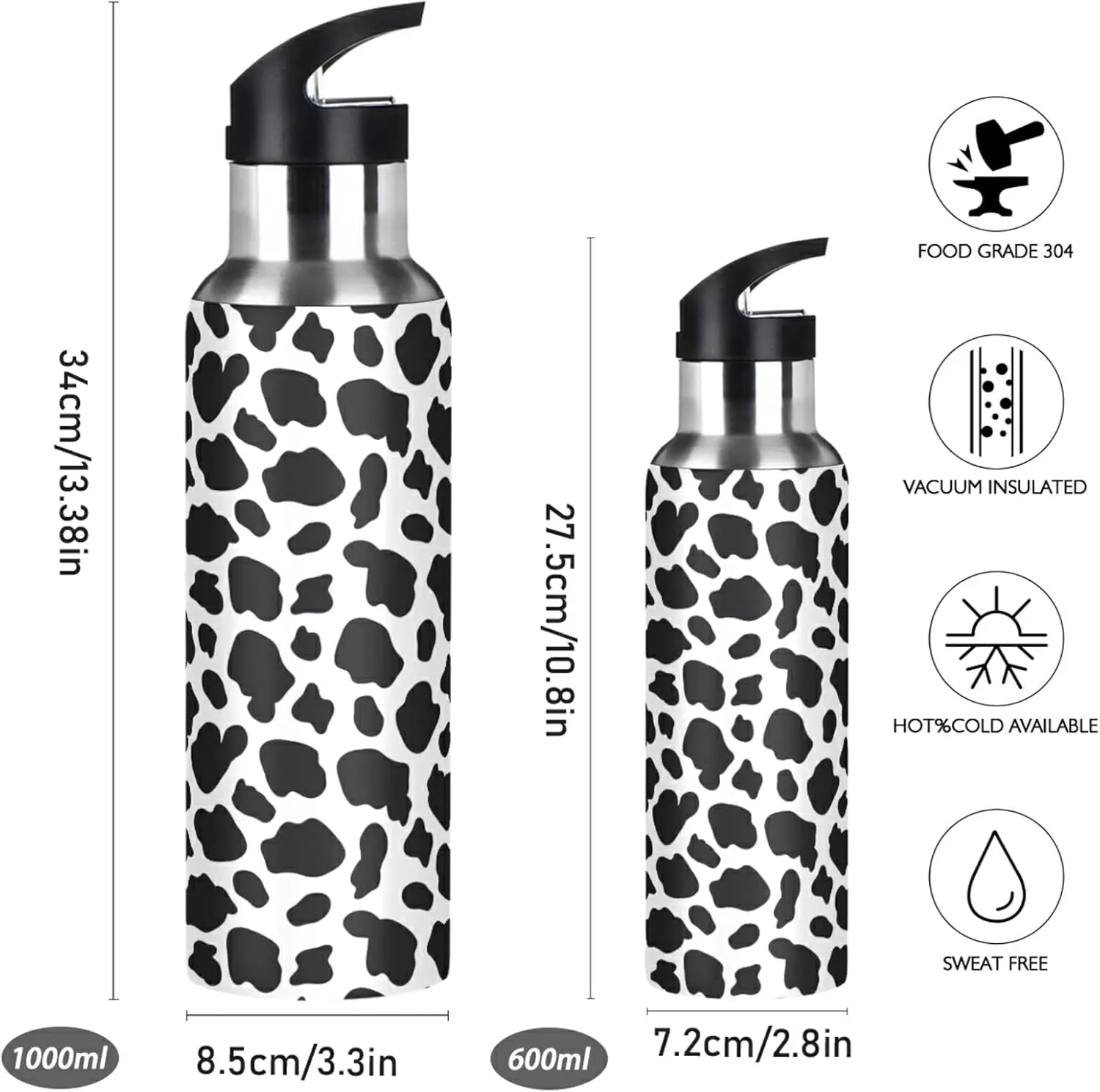 ALAZA Cow Skin Print Water Bottle with Straw Lid Vacuum Insulated Stainless Steel Thermo Flask Water Bottle 32oz