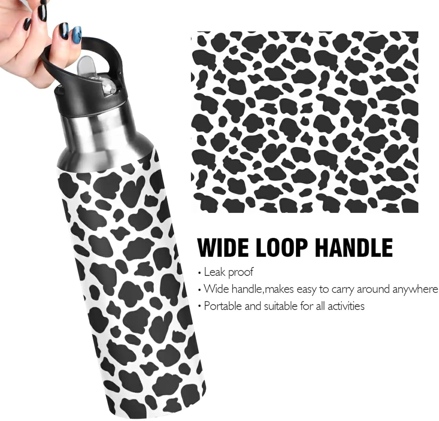 ALAZA Cow Skin Print Water Bottle with Straw Lid Vacuum Insulated Stainless Steel Thermo Flask Water Bottle 32oz