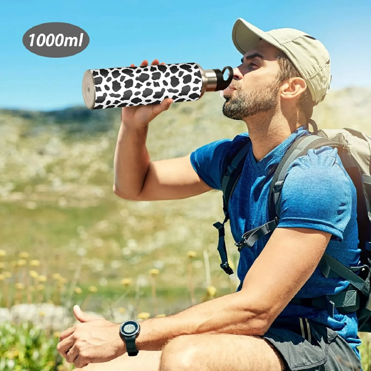 ALAZA Cow Skin Print Water Bottle with Straw Lid Vacuum Insulated Stainless Steel Thermo Flask Water Bottle 32oz