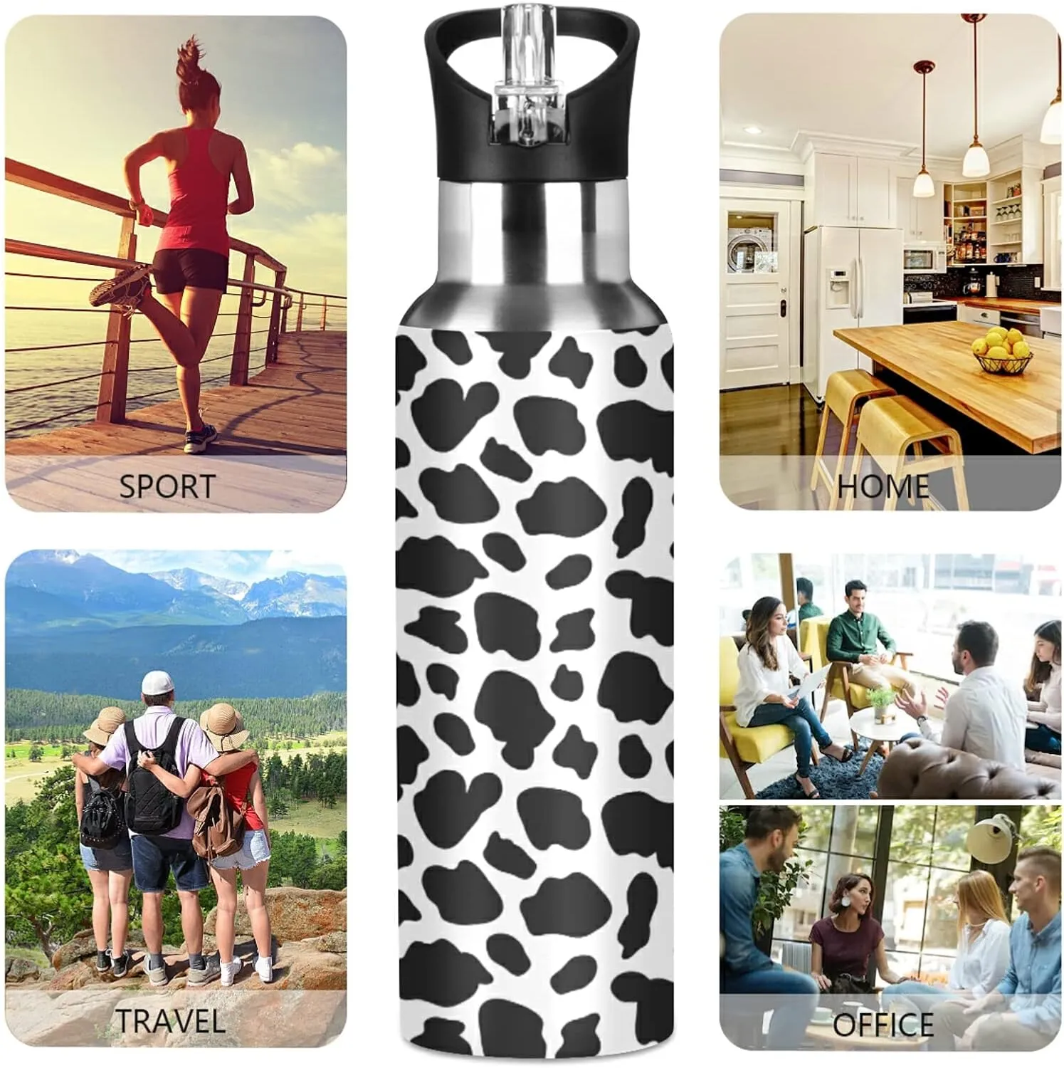 ALAZA Cow Skin Print Water Bottle with Straw Lid Vacuum Insulated Stainless Steel Thermo Flask Water Bottle 32oz