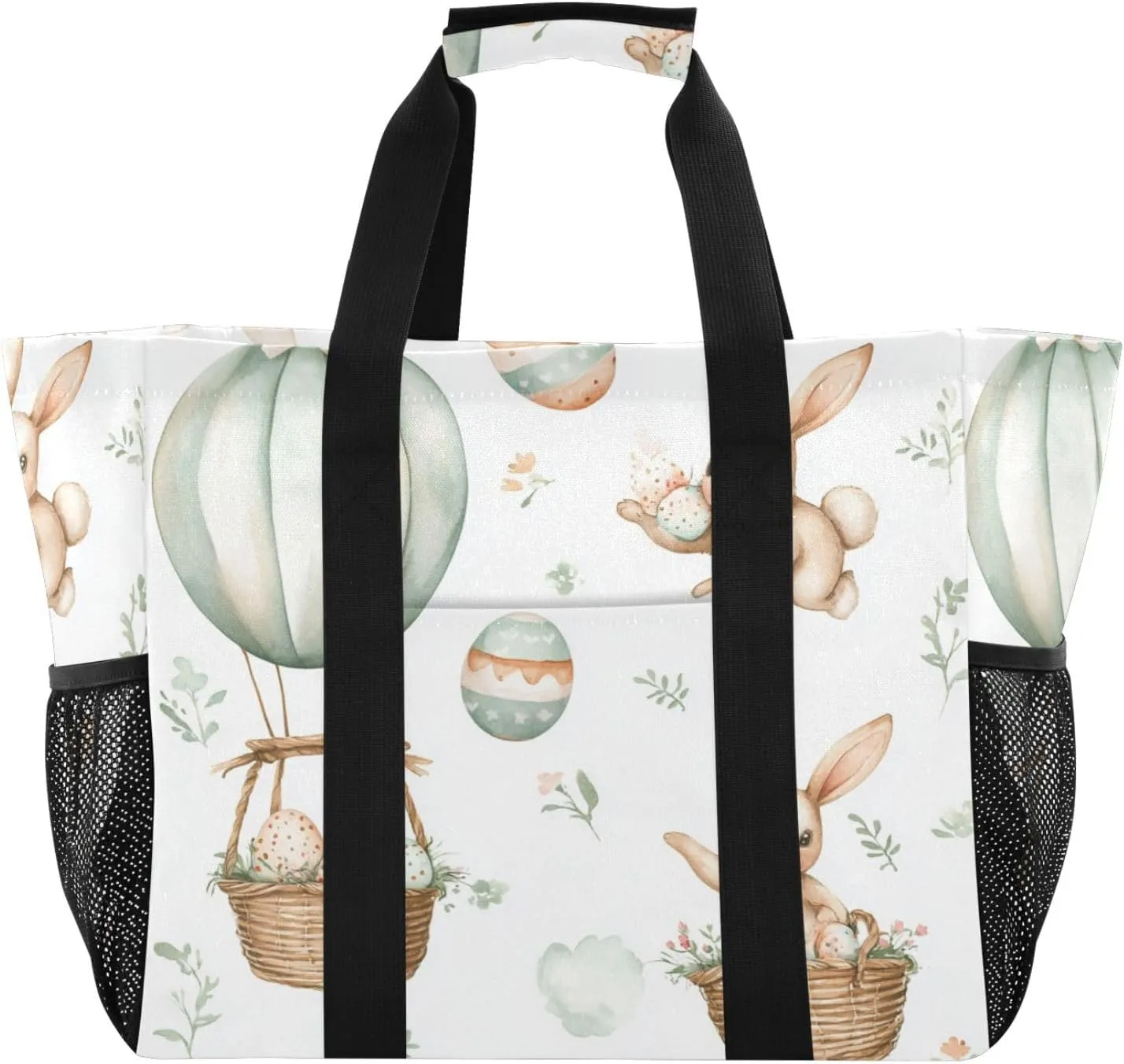 ALAZA Cute Bunnies Flying Baskets Hot Air Balloons Easter Eggs Waterproof Beach Tote Bags