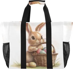ALAZA Cute Bunnies Flying Baskets Hot Air Balloons Easter Eggs Waterproof Beach Tote Bags