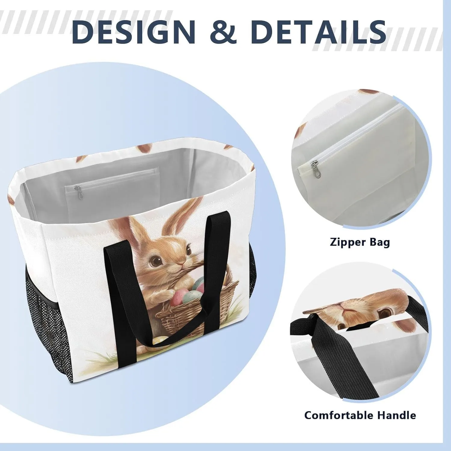 ALAZA Cute Bunnies Flying Baskets Hot Air Balloons Easter Eggs Waterproof Beach Tote Bags