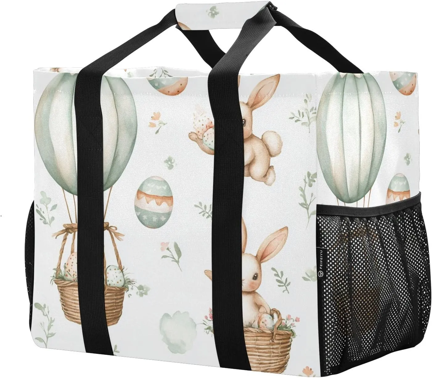 ALAZA Cute Bunnies Flying Baskets Hot Air Balloons Easter Eggs Waterproof Beach Tote Bags