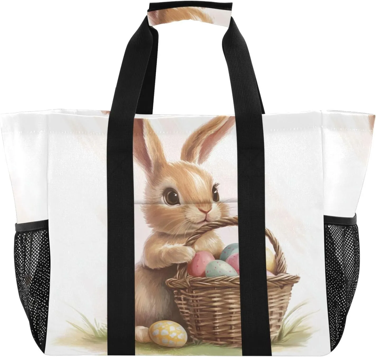 ALAZA Cute Bunnies Flying Baskets Hot Air Balloons Easter Eggs Waterproof Beach Tote Bags