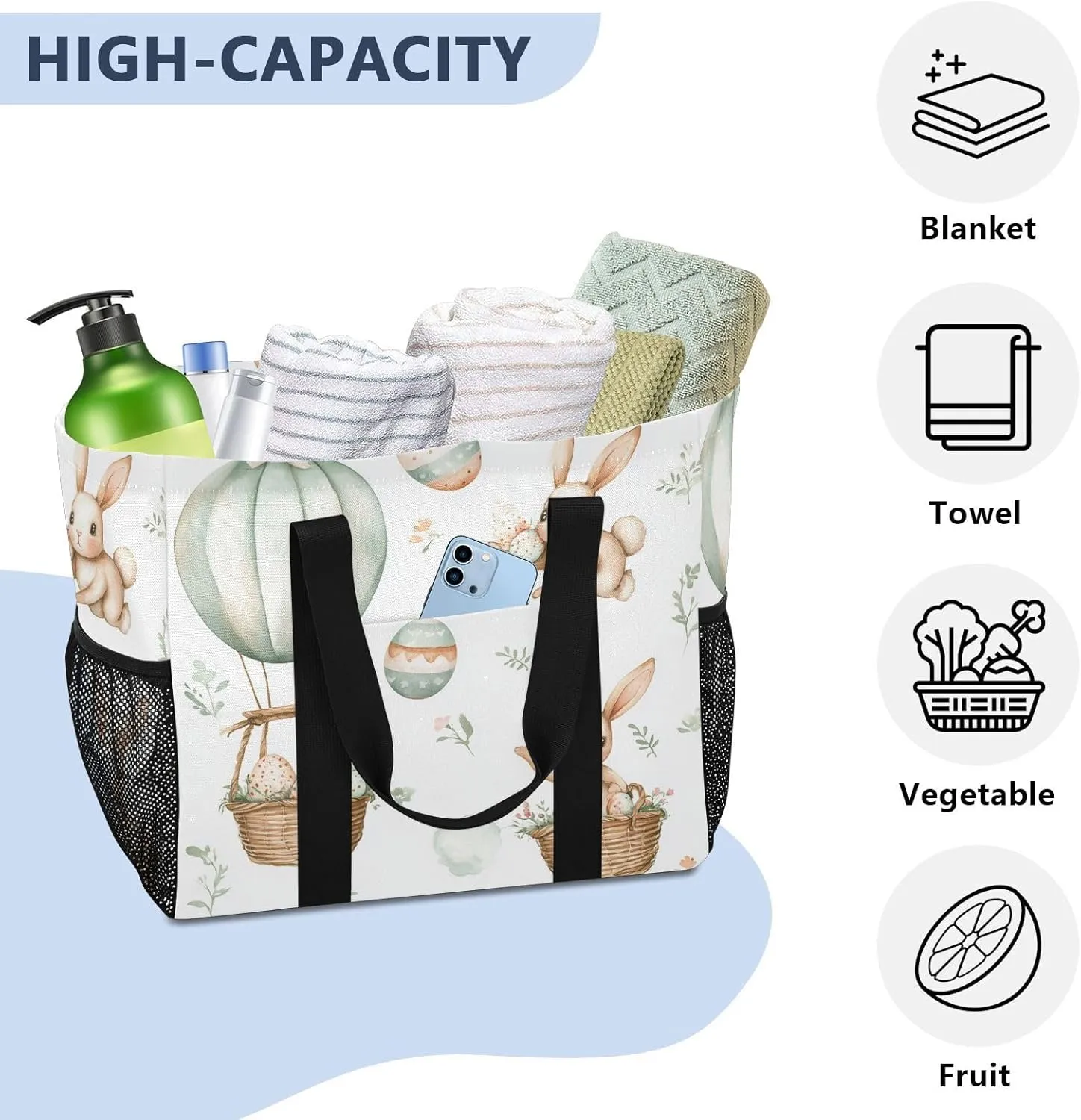 ALAZA Cute Bunnies Flying Baskets Hot Air Balloons Easter Eggs Waterproof Beach Tote Bags