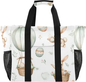 ALAZA Cute Bunnies Flying Baskets Hot Air Balloons Easter Eggs Waterproof Beach Tote Bags