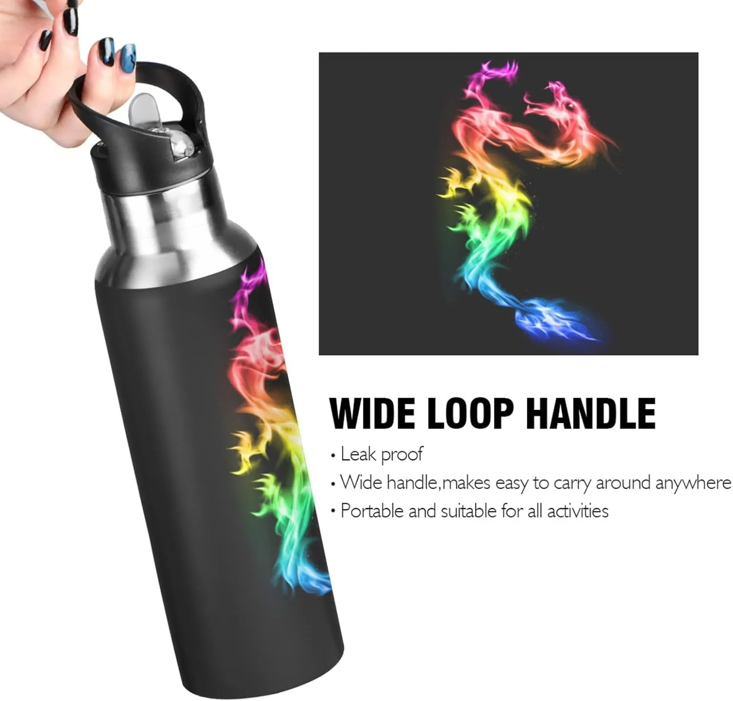 ALAZA Fire Rainbow Dragon Water Bottle with Straw Lid Vacuum Insulated Stainless Steel Thermo Flask Water Bottle 32oz