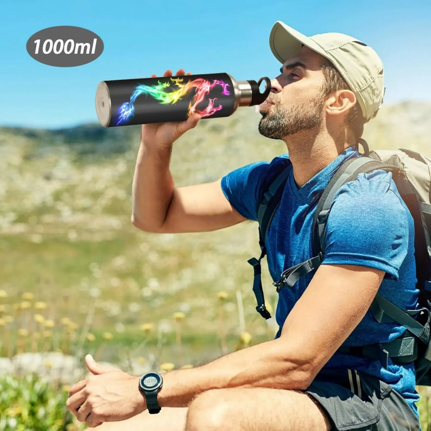 ALAZA Fire Rainbow Dragon Water Bottle with Straw Lid Vacuum Insulated Stainless Steel Thermo Flask Water Bottle 32oz