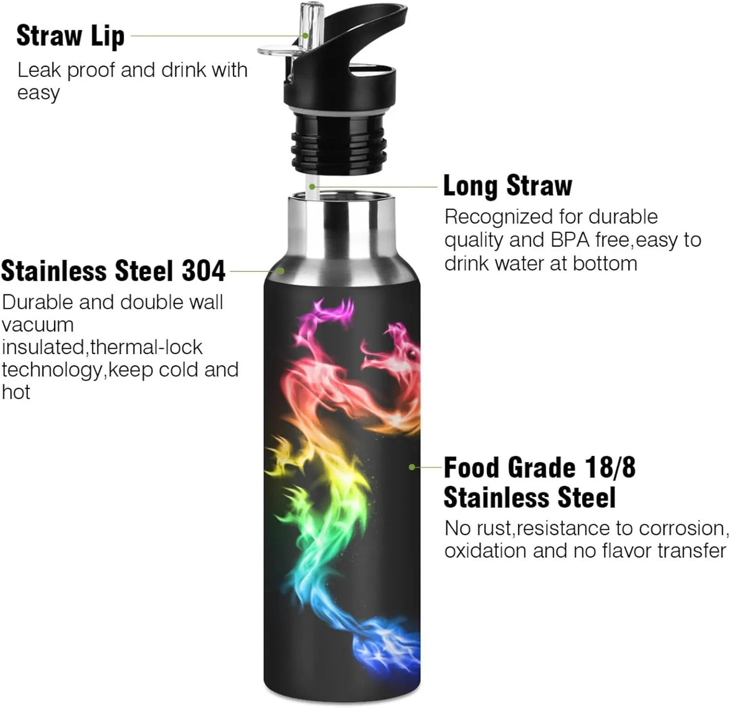 ALAZA Fire Rainbow Dragon Water Bottle with Straw Lid Vacuum Insulated Stainless Steel Thermo Flask Water Bottle 32oz