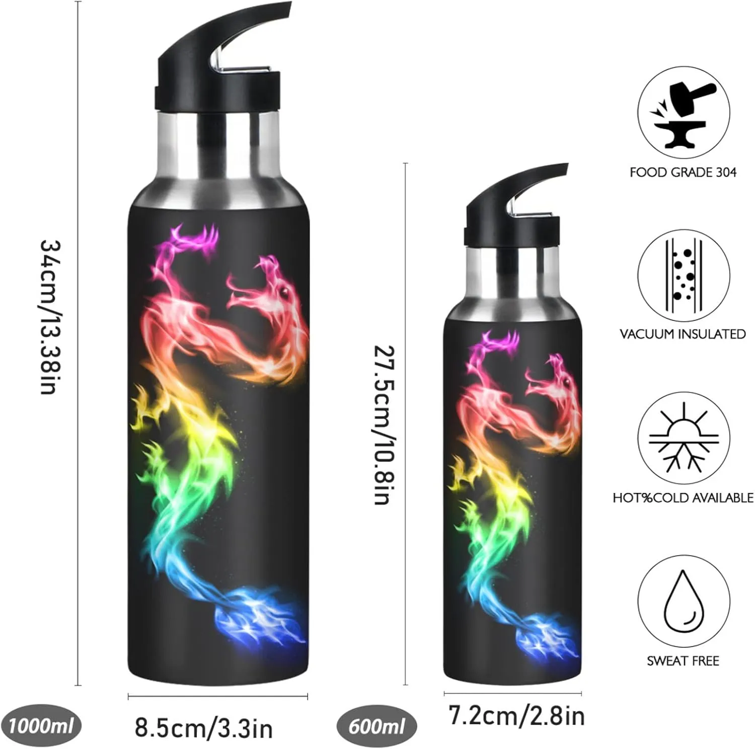 ALAZA Fire Rainbow Dragon Water Bottle with Straw Lid Vacuum Insulated Stainless Steel Thermo Flask Water Bottle 32oz
