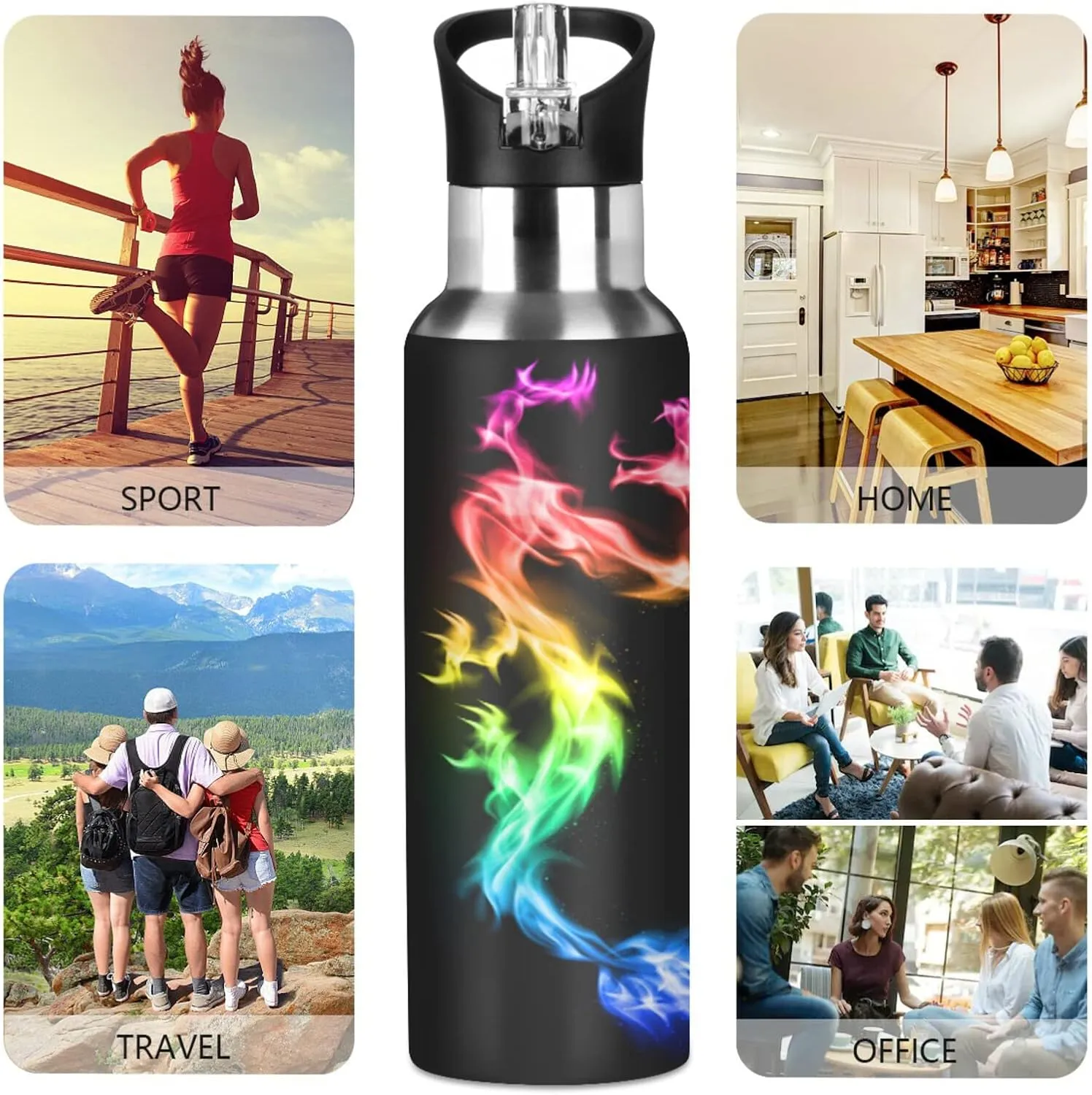 ALAZA Fire Rainbow Dragon Water Bottle with Straw Lid Vacuum Insulated Stainless Steel Thermo Flask Water Bottle 32oz