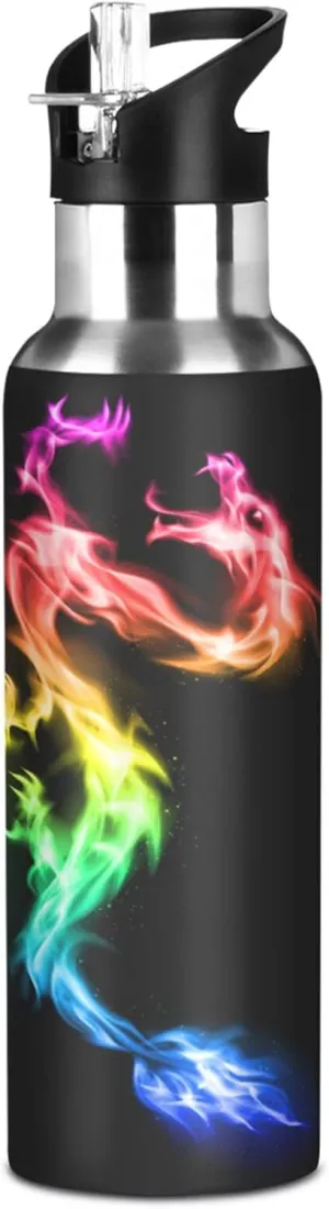 ALAZA Fire Rainbow Dragon Water Bottle with Straw Lid Vacuum Insulated Stainless Steel Thermo Flask Water Bottle 32oz