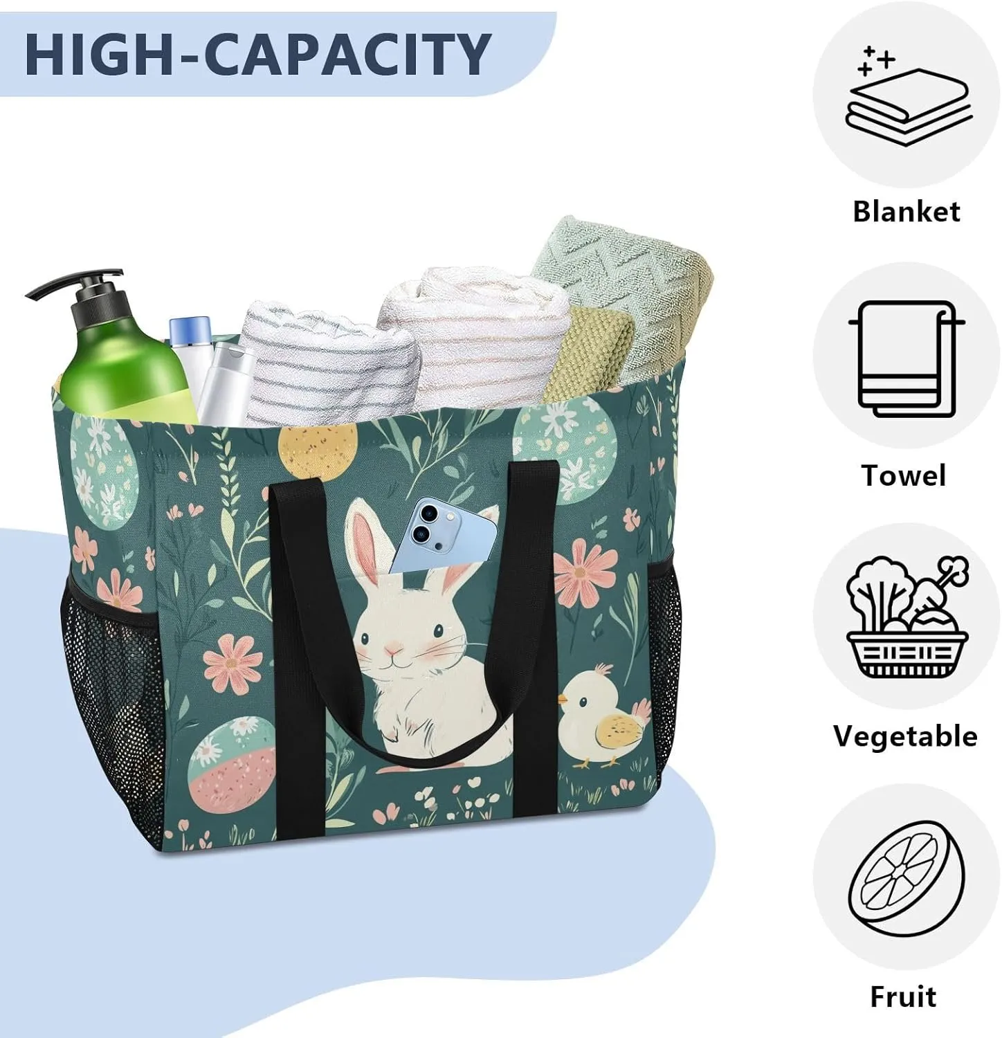 ALAZA Rabbit Easter Egg Chick Flower Leaf Branch Waterproof Beach Tote Bags