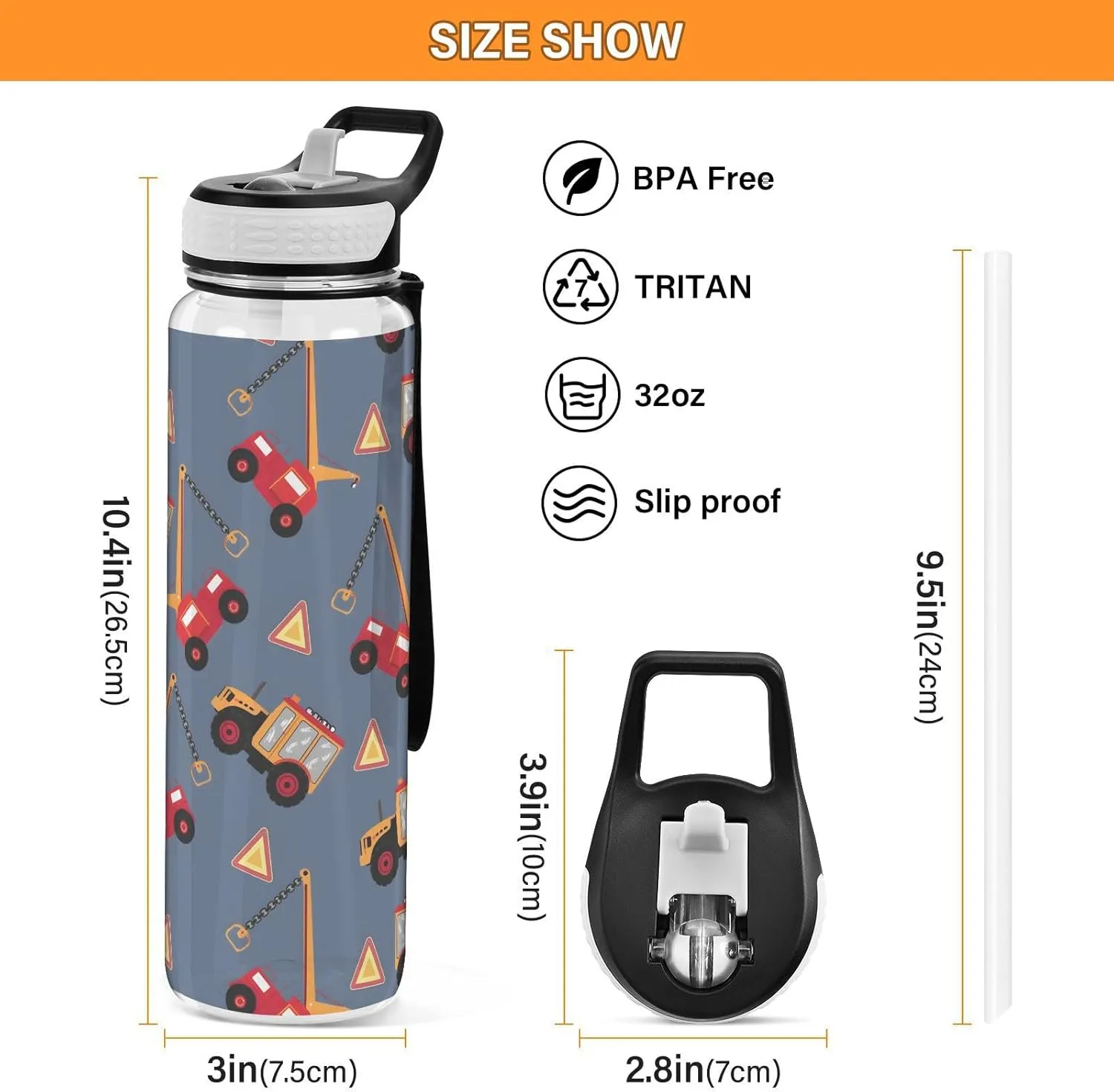 ALAZA Truck Water Bottle with Straw,Leakproof Tritan Clear Sports Water Bottle Trucks Kids Water Bottle for School Outdoor Sports Drinking,32 oz