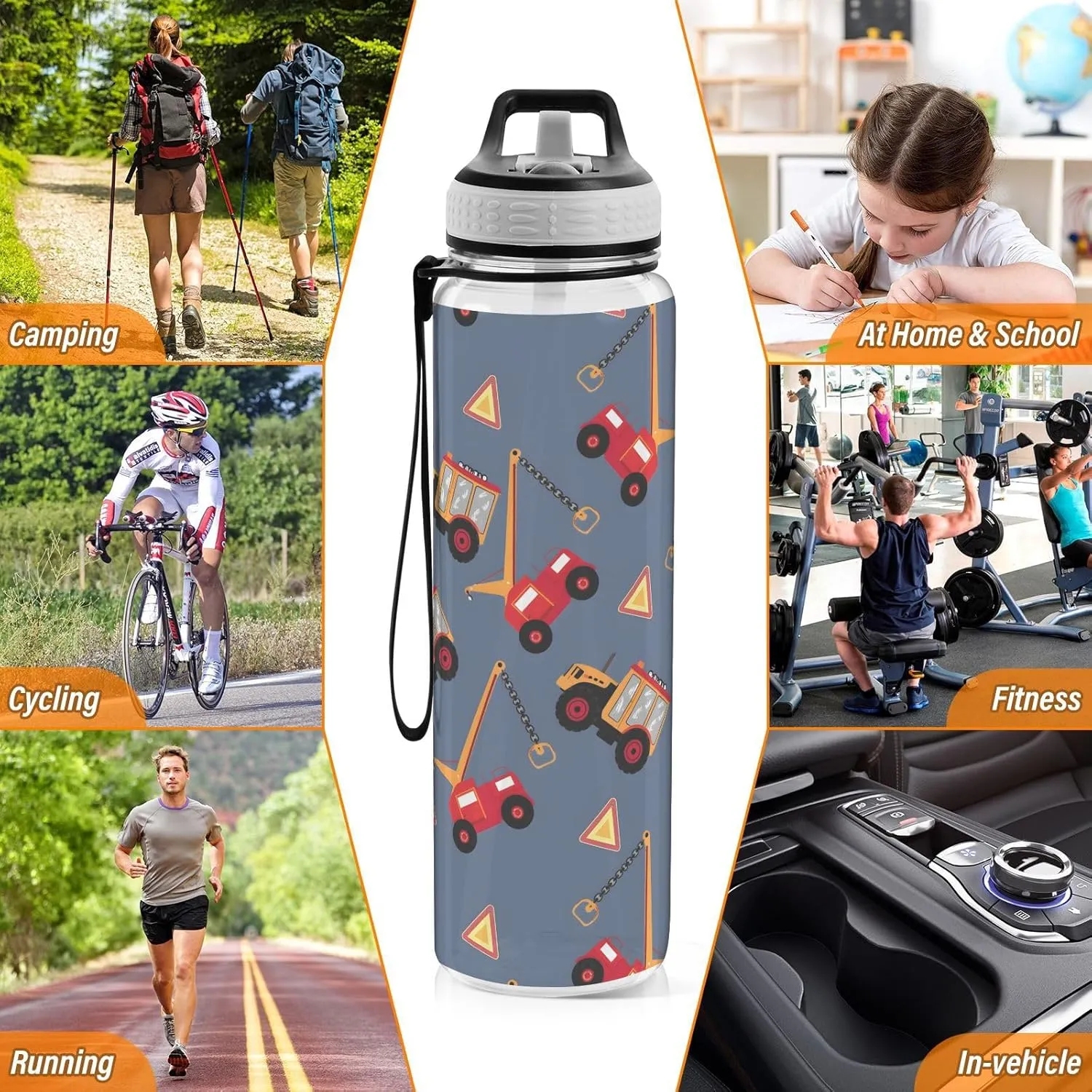 ALAZA Truck Water Bottle with Straw,Leakproof Tritan Clear Sports Water Bottle Trucks Kids Water Bottle for School Outdoor Sports Drinking,32 oz
