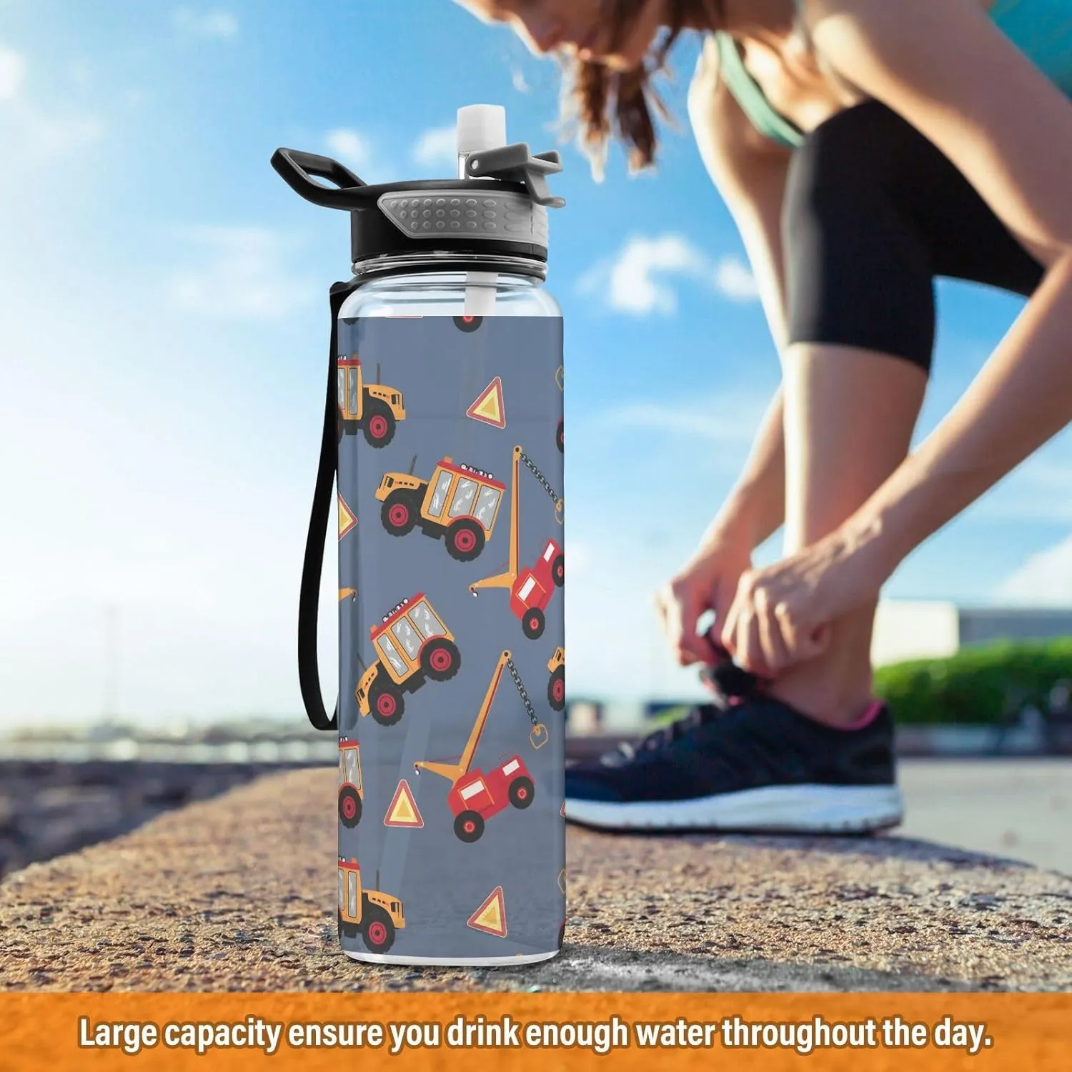 ALAZA Truck Water Bottle with Straw,Leakproof Tritan Clear Sports Water Bottle Trucks Kids Water Bottle for School Outdoor Sports Drinking,32 oz