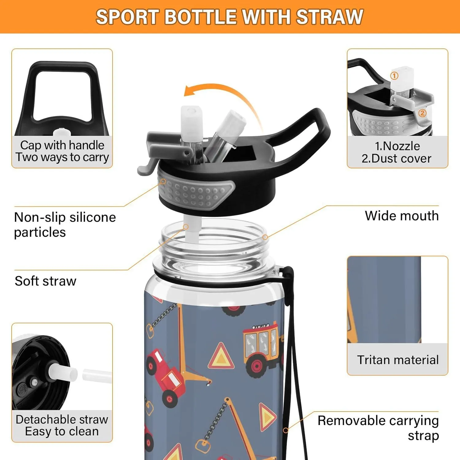 ALAZA Truck Water Bottle with Straw,Leakproof Tritan Clear Sports Water Bottle Trucks Kids Water Bottle for School Outdoor Sports Drinking,32 oz