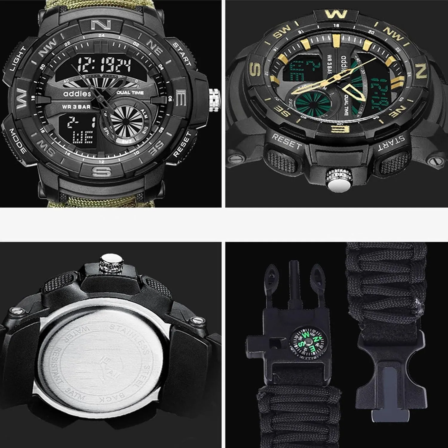 All-in-One Tactical Watch Version - Compass, Emergency Whistle, Paracord, Ideal for Hiking, Camping.