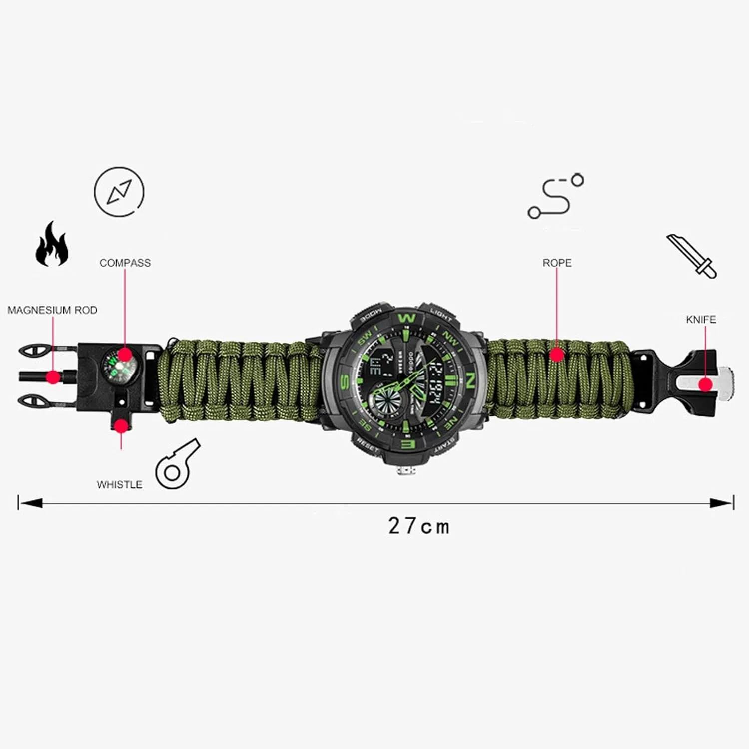 All-in-One Tactical Watch Version - Compass, Emergency Whistle, Paracord, Ideal for Hiking, Camping.