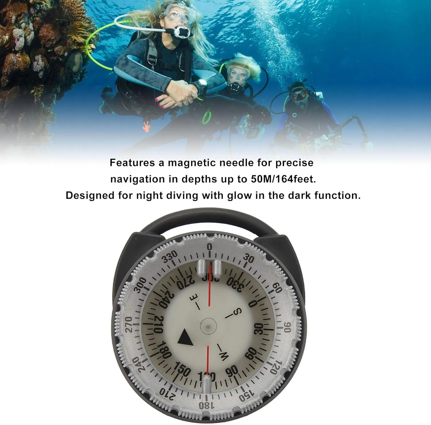 Alomejor 50M Underwater Diving Compass Luminous Magnetic Pipe Clamp Compass Diving Water Sports for Underwater Use