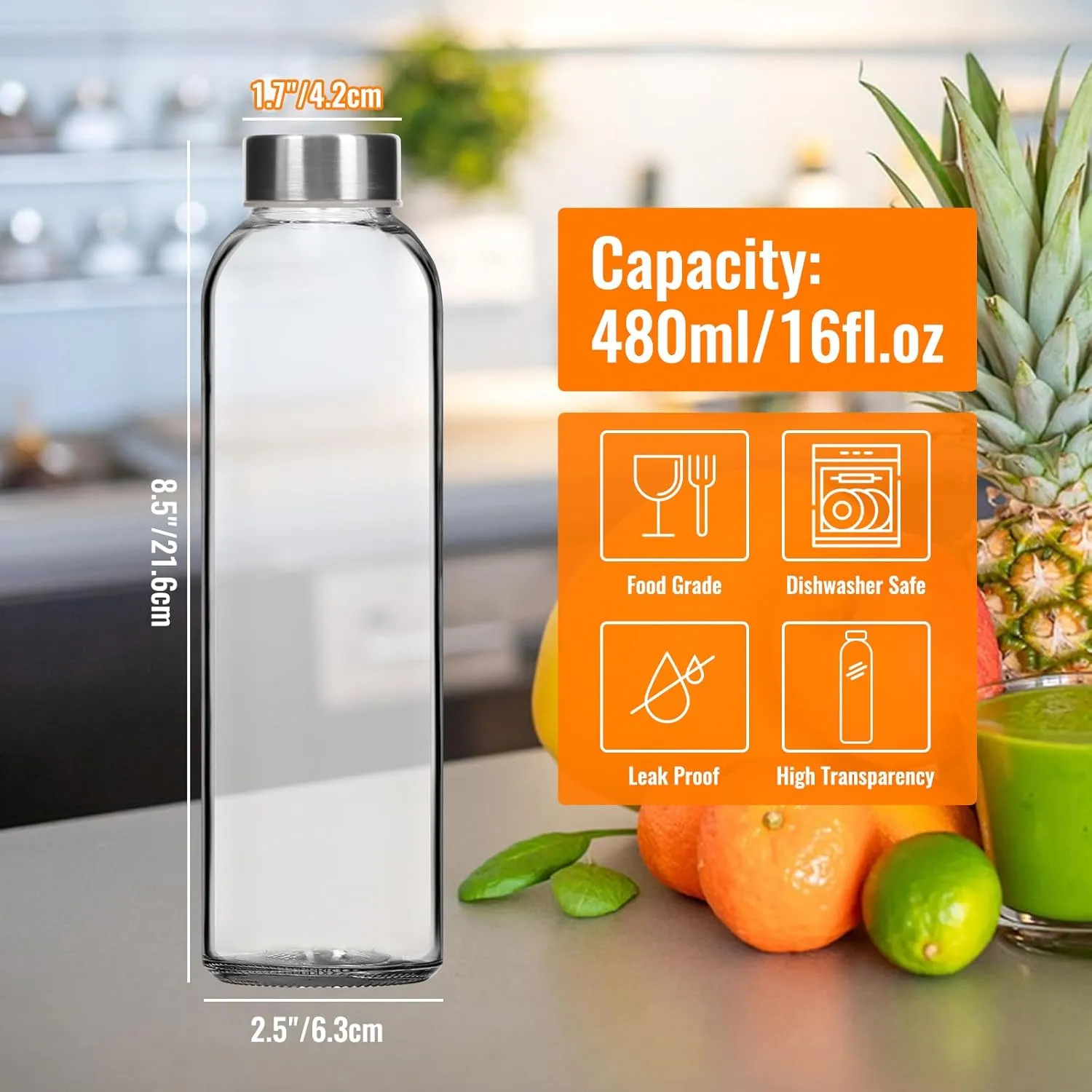 Alotpower 16oz Glass Water Bottles with Lids 8Pack, 16 oz Glass Bottles for Juicing- Empty Juicing Bottles Reusable Glass(16fl.oz/500ml, Set of 8)
