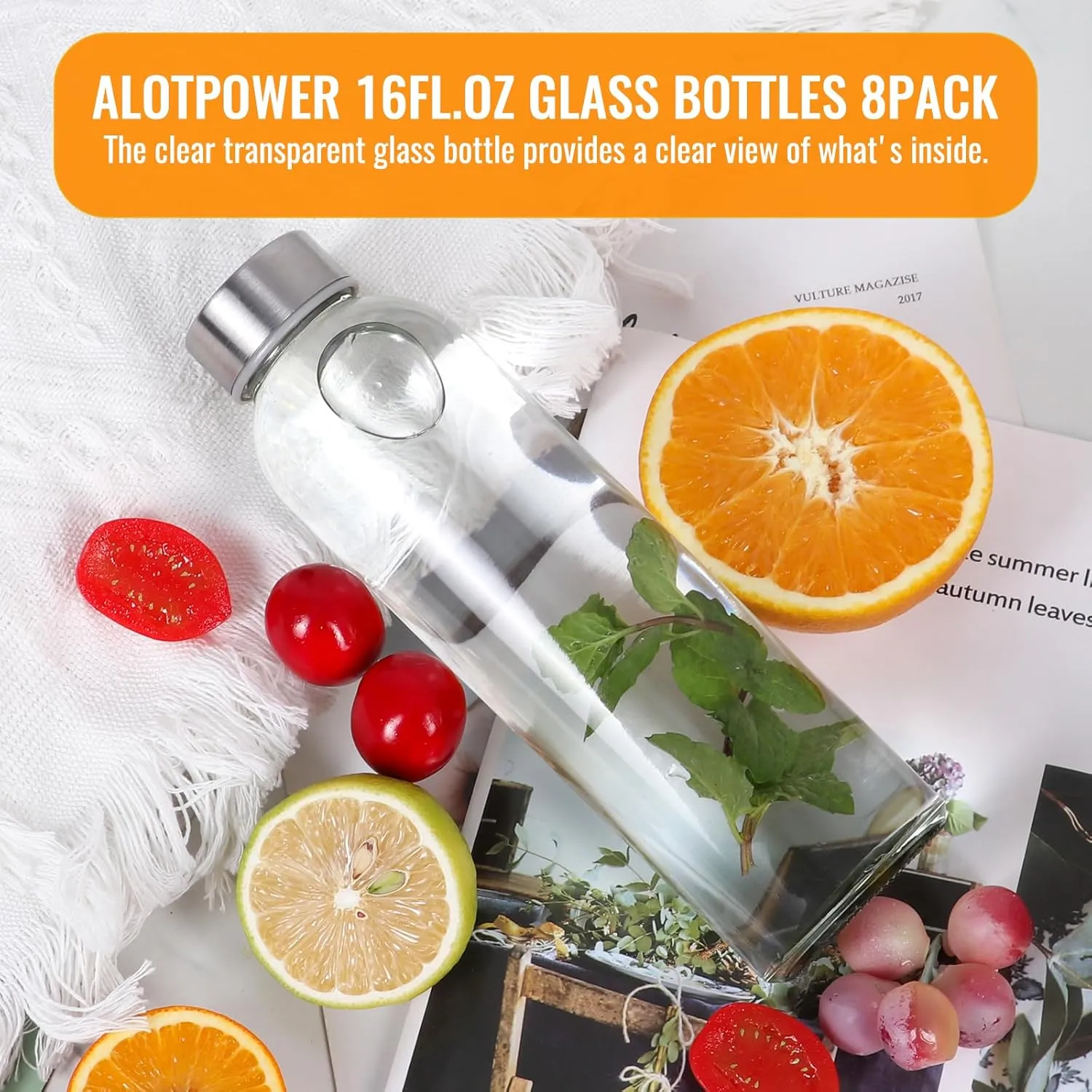 Alotpower 16oz Glass Water Bottles with Lids 8Pack, 16 oz Glass Bottles for Juicing- Empty Juicing Bottles Reusable Glass(16fl.oz/500ml, Set of 8)
