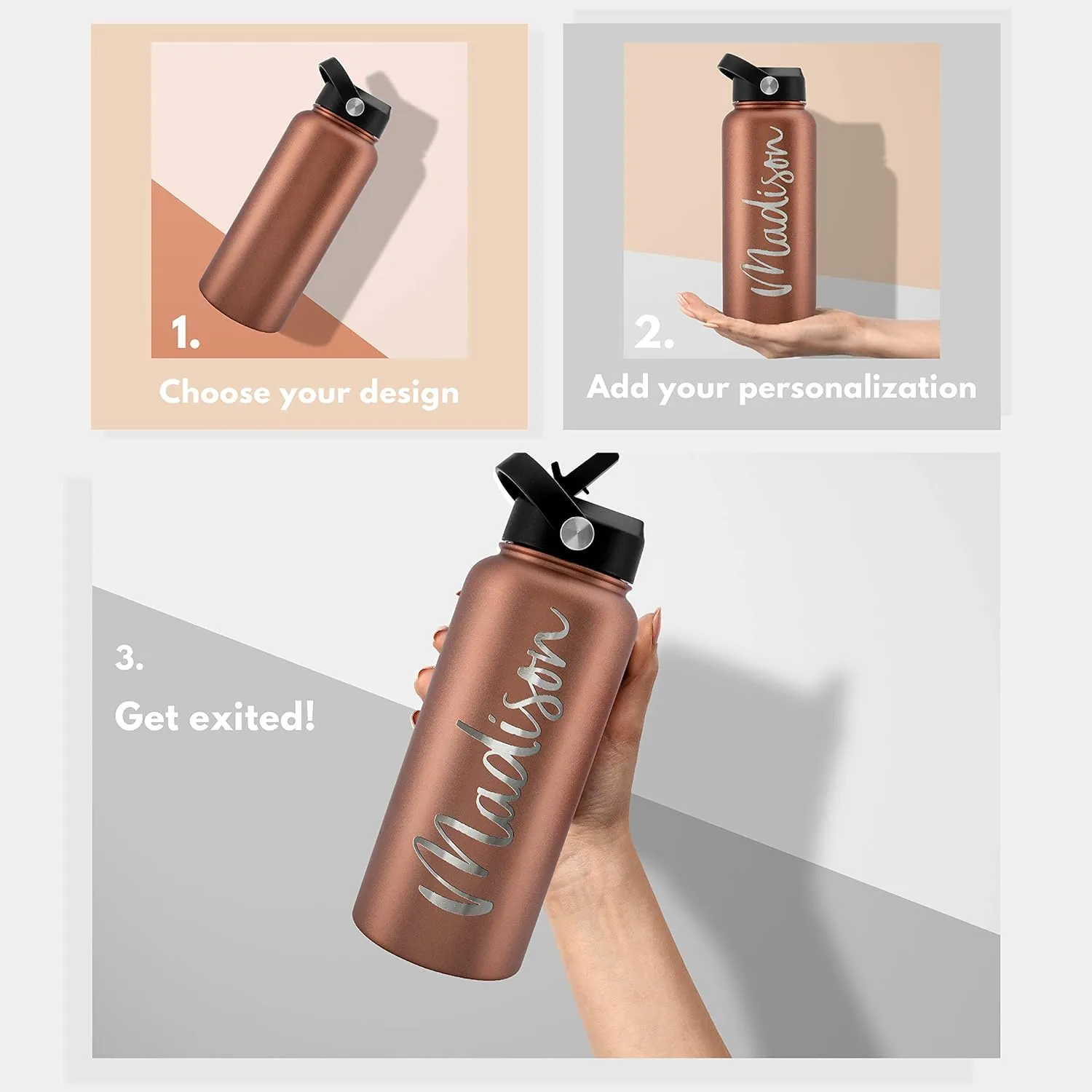 Amazing Items Personalized Water Bottle w/Straw & Lid, 18 oz - Gray | Custom Stainless Steel Sports Water Bottle w/Name and Text - Double-Wall, Vacuum Insulated - Rotating Handle