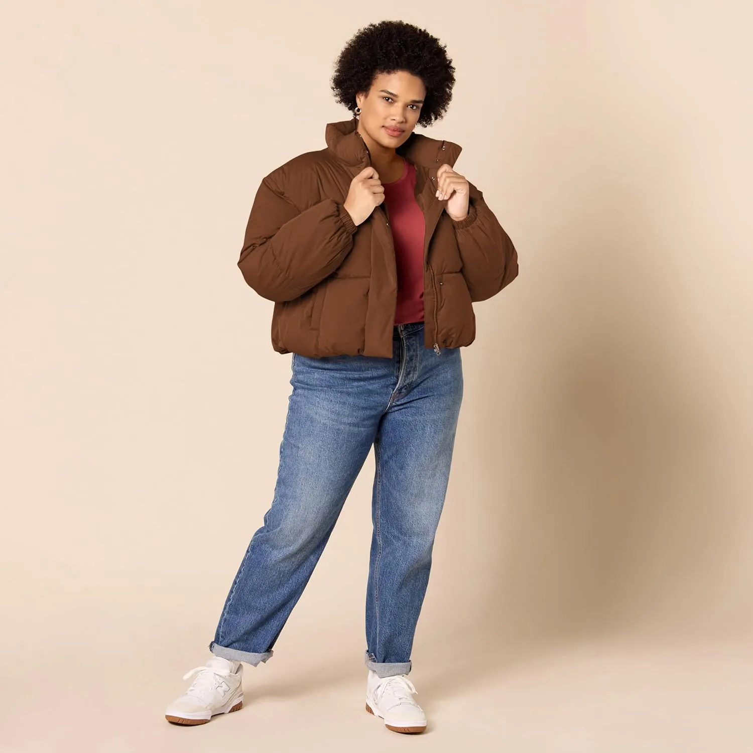 Amazon Essentials Women's Cropped Full-Zip Puffer Jacket (Quilted Matte or Sherpa Fleece)