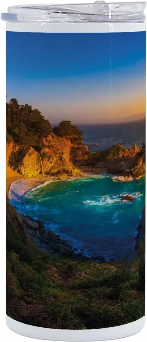 Ambesonne Big Sur 12 Oz Skinny Tumbler, Carmel California Exotic Scene with McWay Falls and Tropic Botany at Dusk, Vacuum Insulated Travel Canteen Cup Leakproof for Travel Picnic, Multicolor