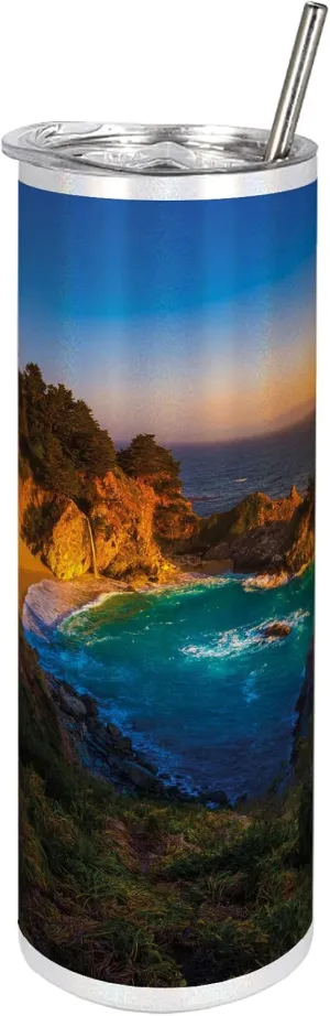 Ambesonne Big Sur 20 Oz Skinny Tumbler, Carmel California Exotic Scene with McWay Falls and Tropic Botany at Dusk, Leak-Proof Straw Lid and Brush Vacuum Insulated for Outdoor Use, Multicolor