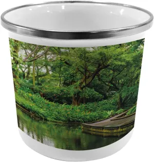 Ambesonne Jungle Steel Camping Mug, Deep Forest with Wooden Pier and River Refreshing Exotic Nature Wild Image, Printed Thermal Cup for Camping and Outdoor Activities, Hunter Green Brown