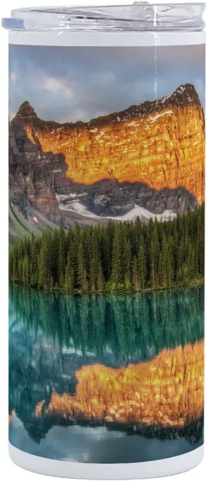 Ambesonne Nature 12 Oz Skinny Tumbler, Moraine Lake Canadian Mountain Range with Creek Pine Forest Mother Earth Scenery, Vacuum Insulated Travel Canteen Cup Leakproof for Travel Picnic, Multicolor