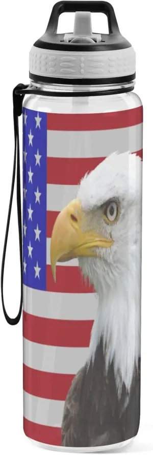 American Eagle Usa Flag Sports Water Bottle with Straw Lid Tritan Water Bottle Large 32oz BPA Free Clear Leakproof Drinking Bottle for Kids Boys Girls Women Men Gym School