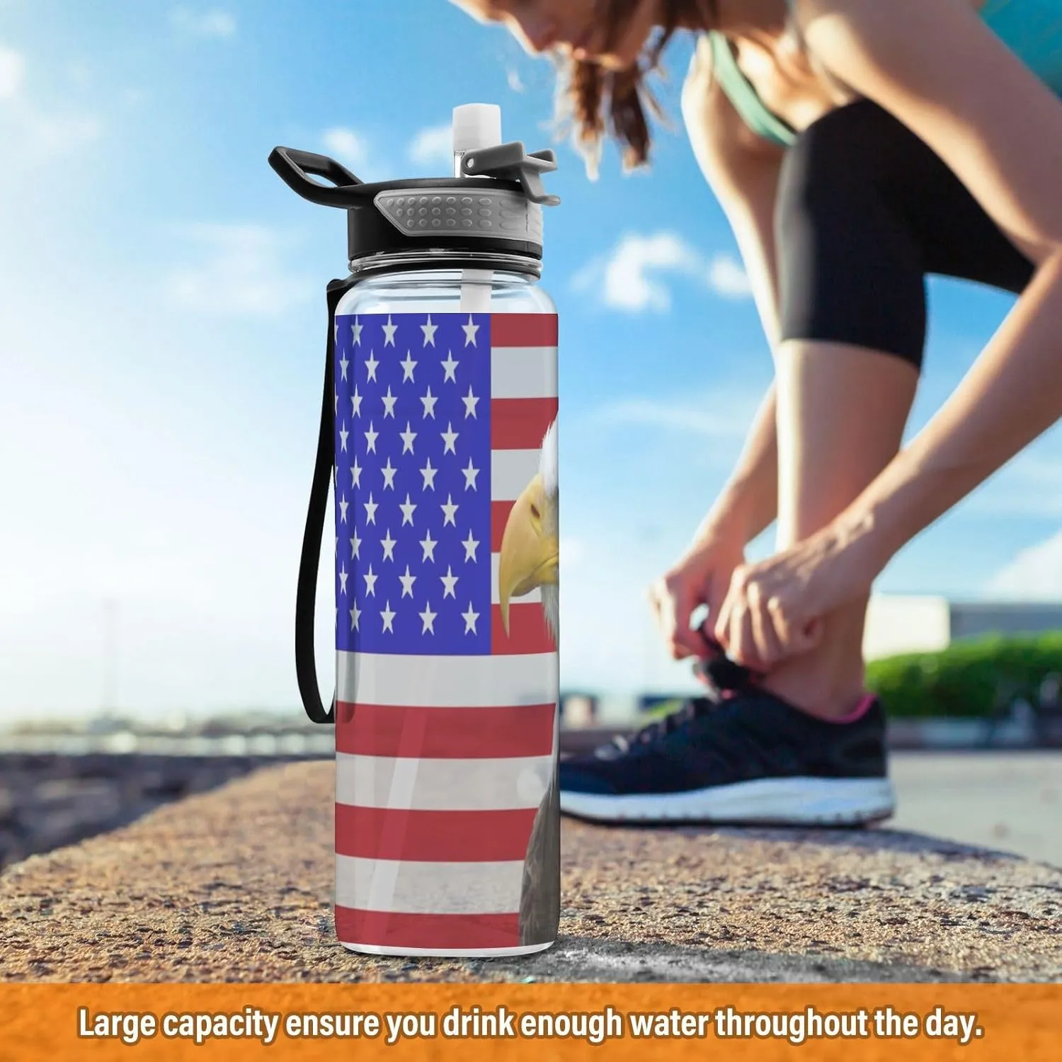 American Eagle Usa Flag Sports Water Bottle with Straw Lid Tritan Water Bottle Large 32oz BPA Free Clear Leakproof Drinking Bottle for Kids Boys Girls Women Men Gym School