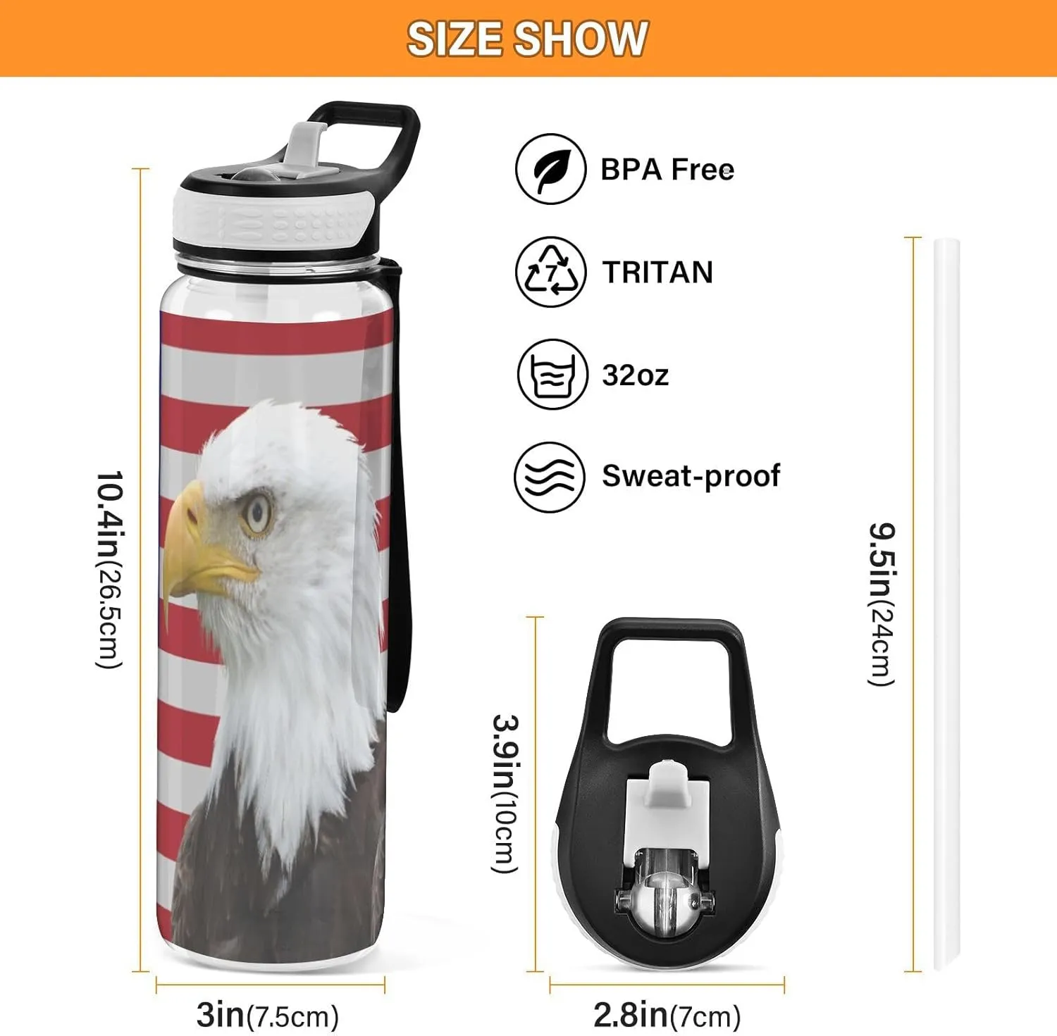 American Eagle Usa Flag Sports Water Bottle with Straw Lid Tritan Water Bottle Large 32oz BPA Free Clear Leakproof Drinking Bottle for Kids Boys Girls Women Men Gym School