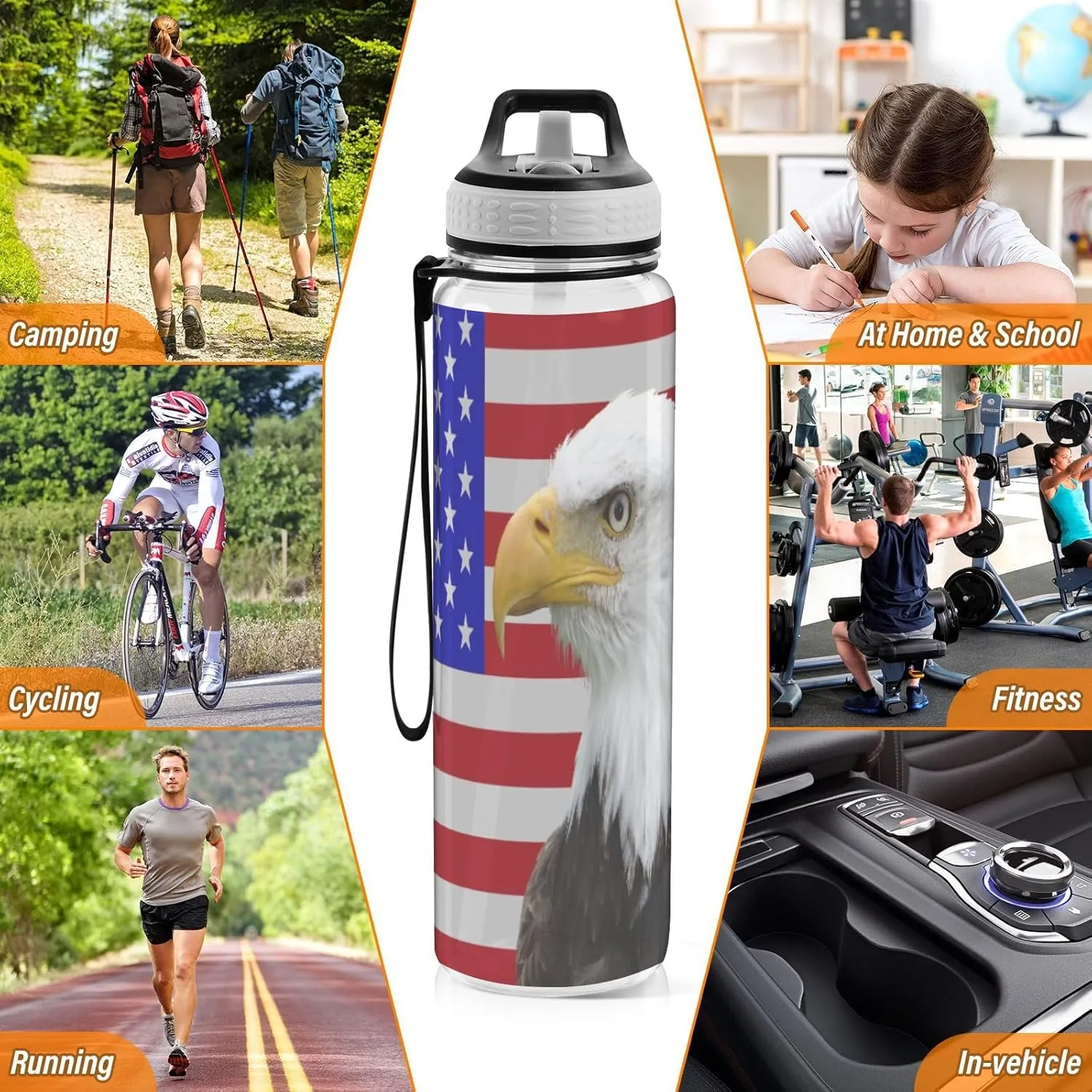 American Eagle Usa Flag Sports Water Bottle with Straw Lid Tritan Water Bottle Large 32oz BPA Free Clear Leakproof Drinking Bottle for Kids Boys Girls Women Men Gym School