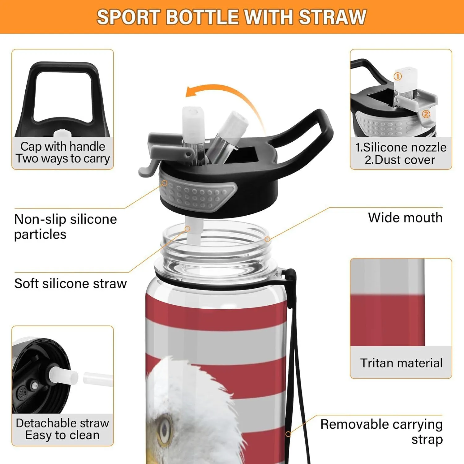 American Eagle Usa Flag Sports Water Bottle with Straw Lid Tritan Water Bottle Large 32oz BPA Free Clear Leakproof Drinking Bottle for Kids Boys Girls Women Men Gym School