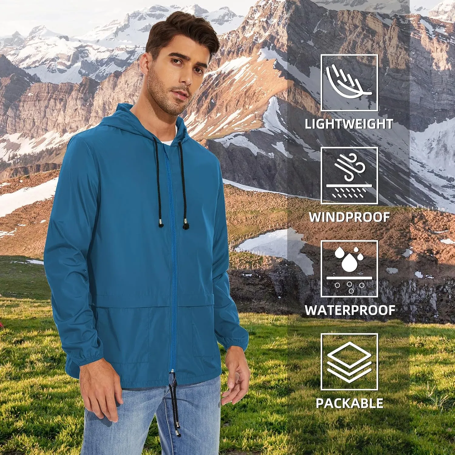 American Trends Packable Mens Rain Jacket Lightweight Waterproof Raincoats with Hood Windbreaker for Travel M-3XL Available