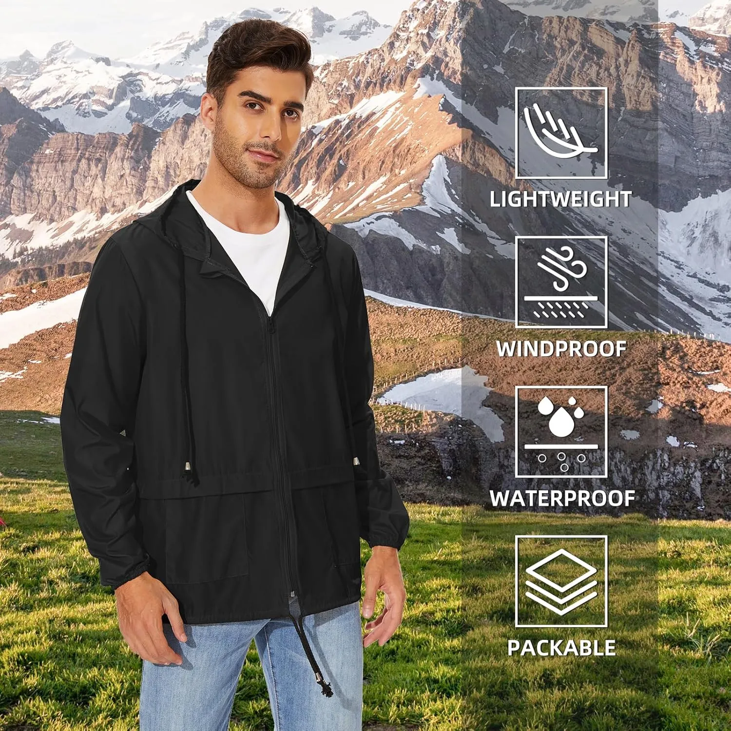 American Trends Packable Mens Rain Jacket Lightweight Waterproof Raincoats with Hood Windbreaker for Travel M-3XL Available