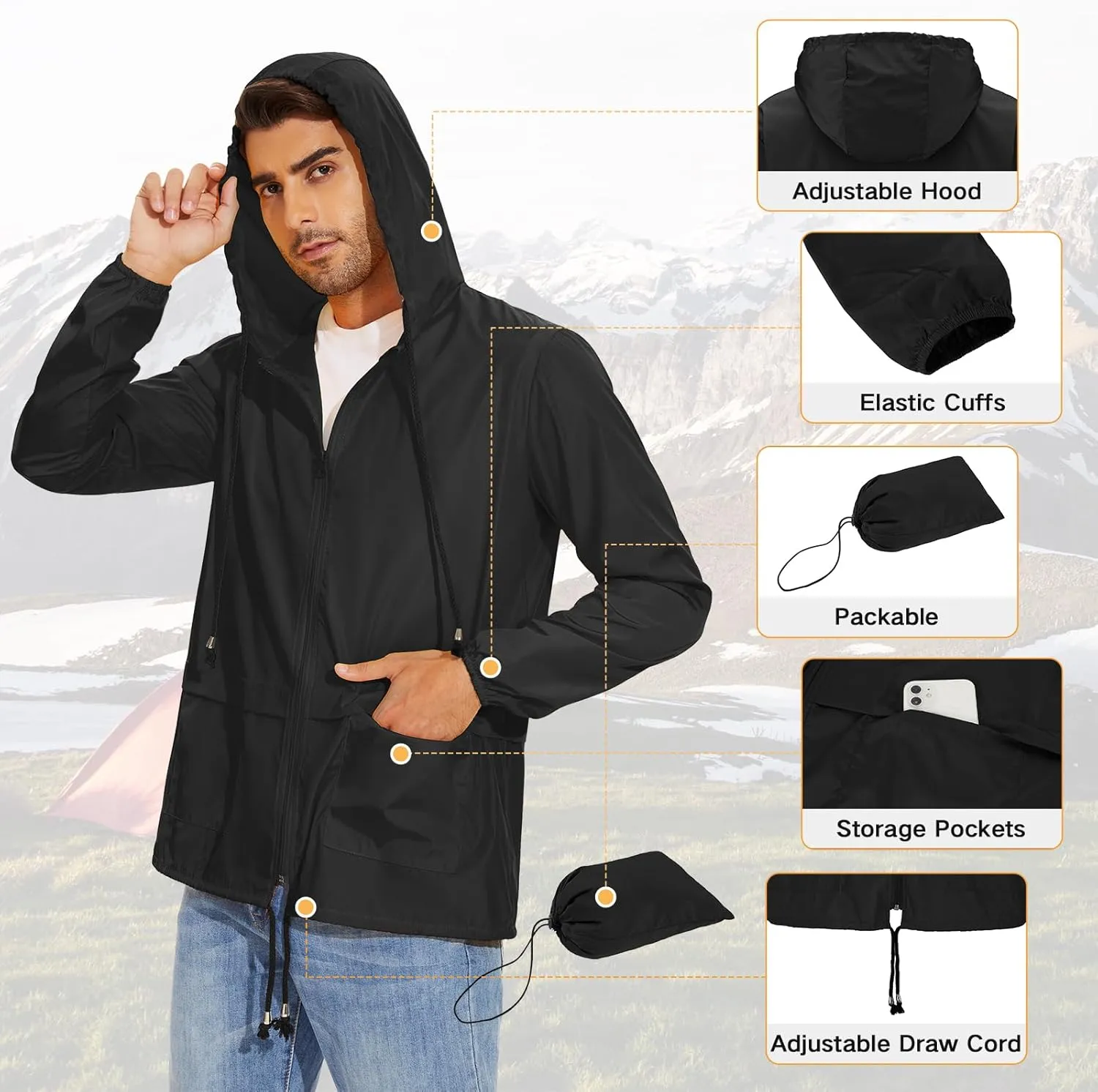 American Trends Packable Mens Rain Jacket Lightweight Waterproof Raincoats with Hood Windbreaker for Travel M-3XL Available