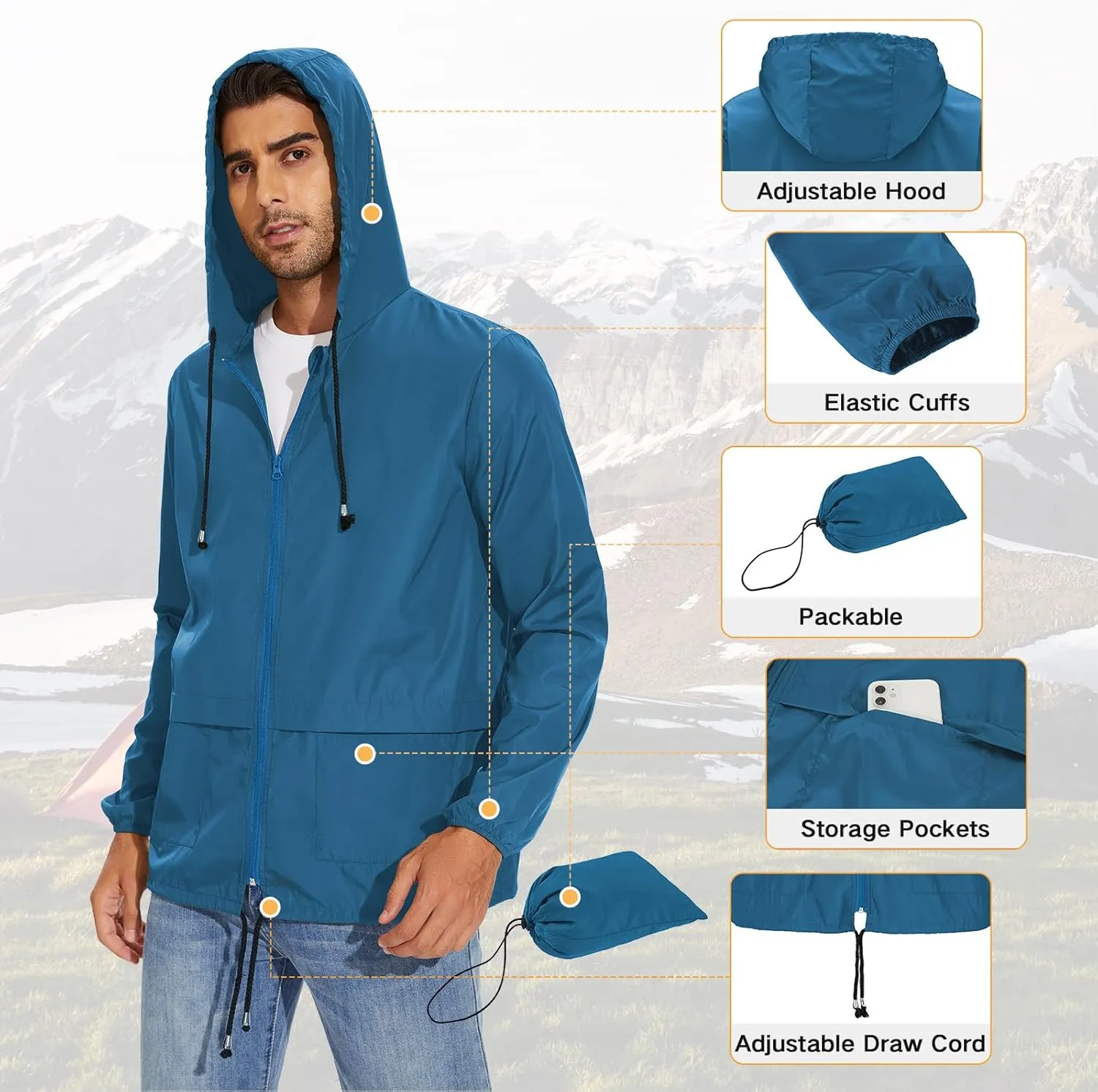 American Trends Packable Mens Rain Jacket Lightweight Waterproof Raincoats with Hood Windbreaker for Travel M-3XL Available