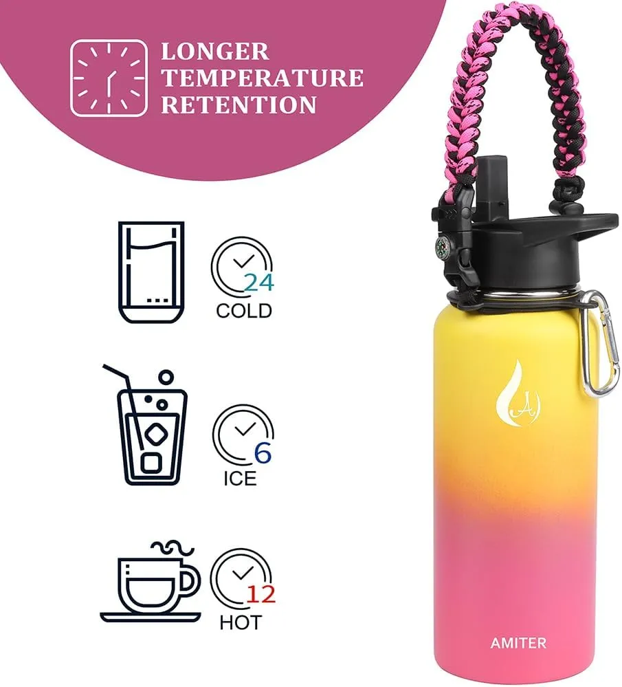 AMITER 32oz Insulated Bottle with Straw & Spout Lid, Wide Mouth Stainless Steel Water Bottles with Paracord Handle