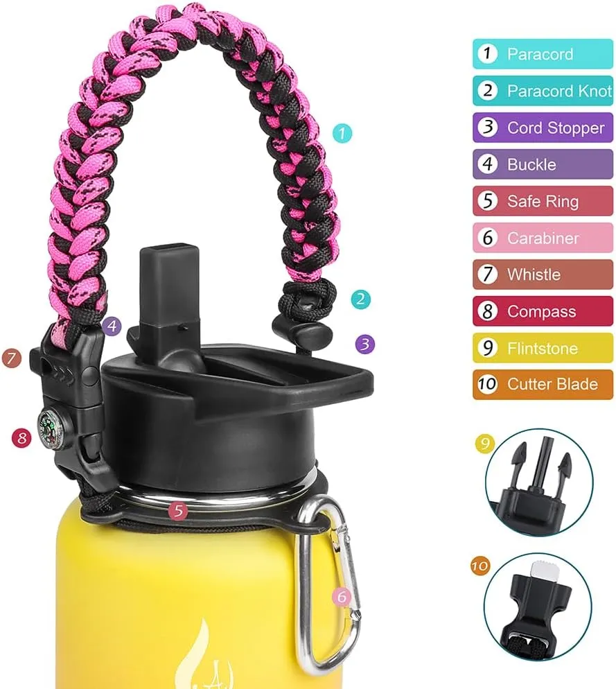 AMITER 32oz Insulated Bottle with Straw & Spout Lid, Wide Mouth Stainless Steel Water Bottles with Paracord Handle