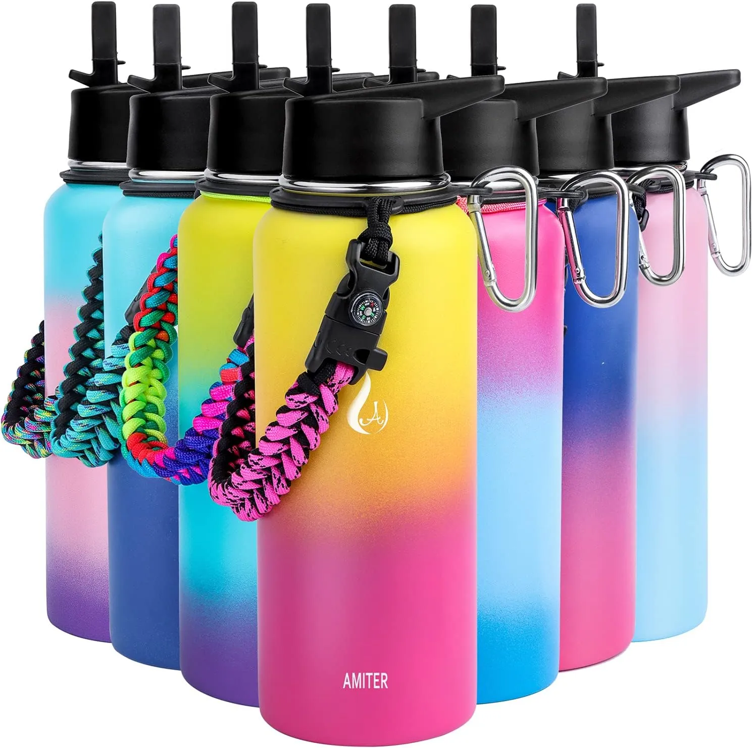 AMITER 32oz Insulated Bottle with Straw & Spout Lid, Wide Mouth Stainless Steel Water Bottles with Paracord Handle
