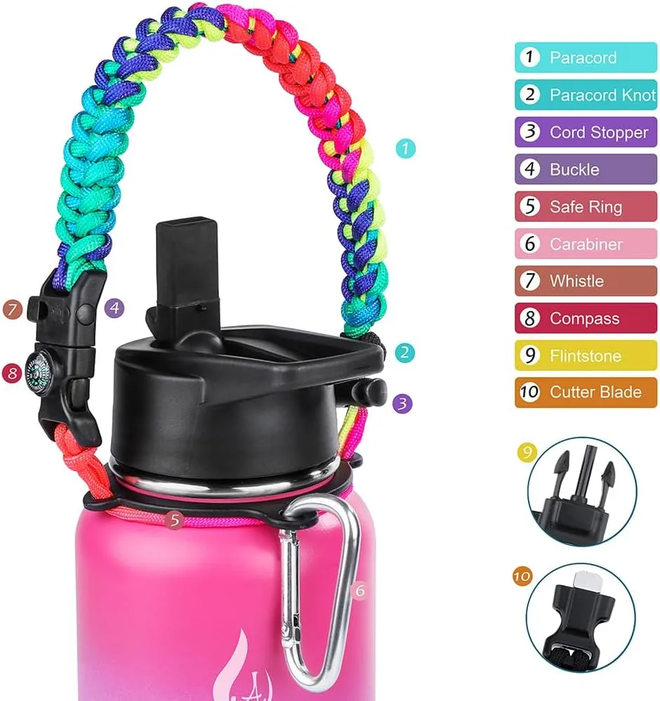 AMITER 32oz Insulated Bottle with Straw & Spout Lid, Wide Mouth Stainless Steel Water Bottles with Paracord Handle